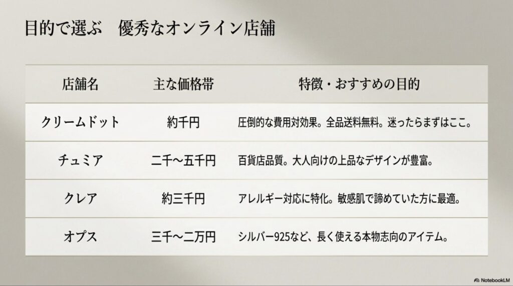 クリームドット、チュミア、クレア、オプスの4店舗について、価格帯や「アレルギー対応」などの特徴を比較した一覧 。