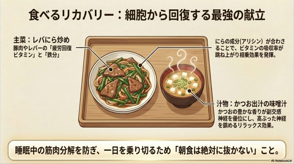 食べるリカバリーとして疲労回復に役立つレバにら炒めとかつお出汁の味噌汁のイラスト