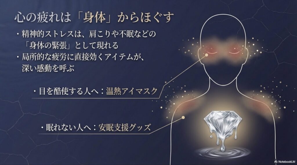 精神的ストレスは身体の緊張として現れるため、局所的な疲労に効く温熱アイマスクなどのアイテムが有効であるという解説