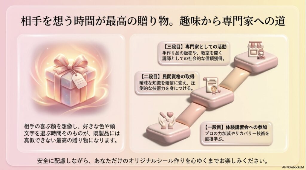 体験講習会、民間資格の取得、そして販売や講師などの専門家としての活動という、スキルアップの3段階をピラミッド形式で示したスライド。