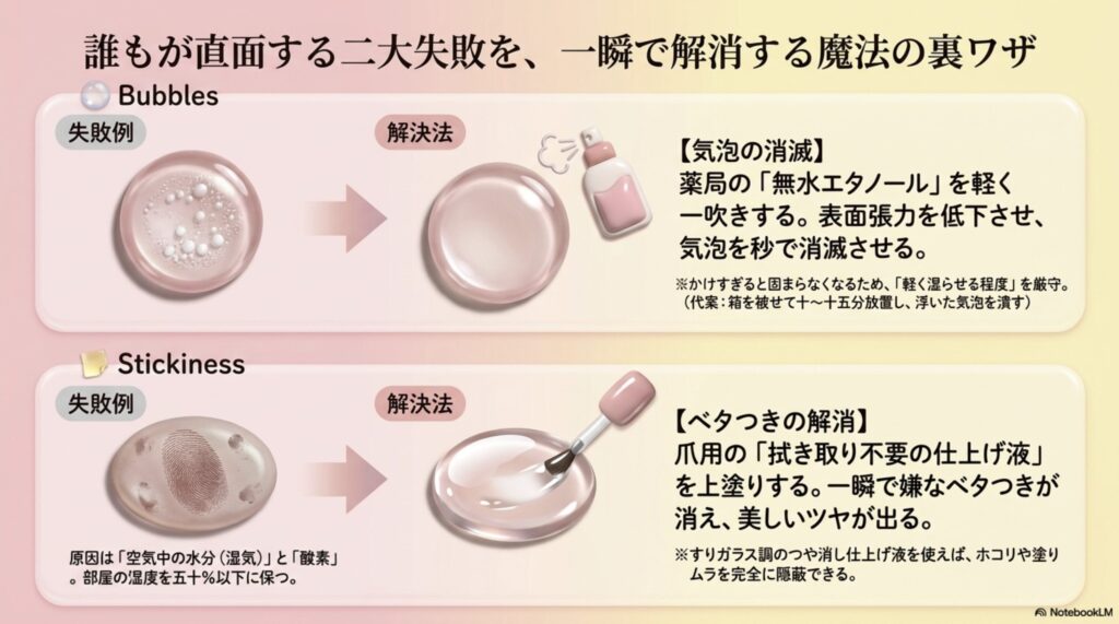 気泡を秒で消滅させる無水エタノールの使い方と、表面のベタつきを解消する拭き取り不要の仕上げ液（トップコート）の活用法をまとめたスライド。