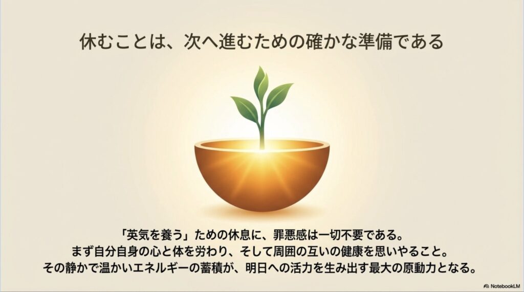 休むことは次へ進むための確かな準備であり、明日への活力を生み出す原動力であるというメッセージと植物の芽吹きのイラスト