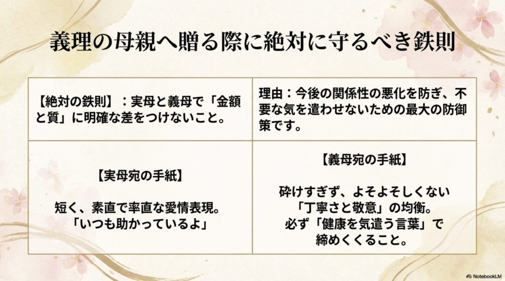 実母と義母で金額と質に明確な差をつけないという絶対の鉄則と、実母・義母宛のメッセージの書き分け方を解説したスライド