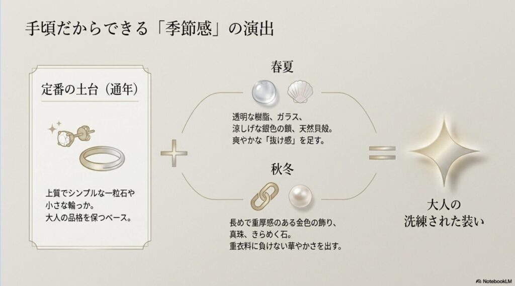 春夏の抜け感ある素材と、秋冬の重厚感あるゴールドやパールの使い分けイメージ。