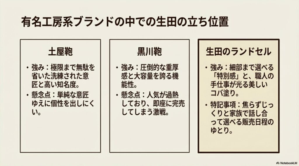 贈る側も安心できる生田の特別感と手厚い保証。専用の贈答用箱とネームプレート仕上げ、300工程による頑丈な作りと卒業までの完全無料保証について。