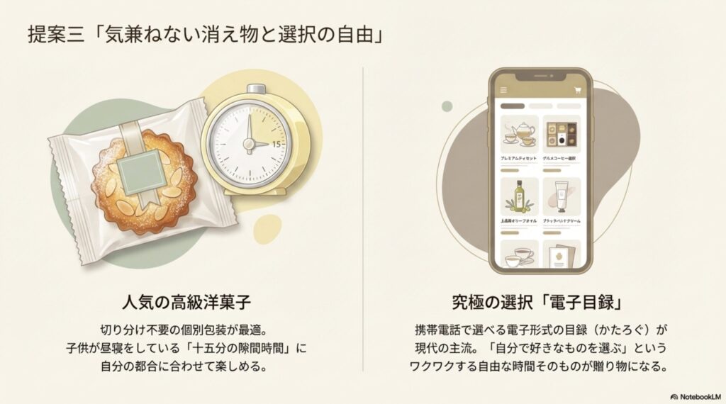 15分の隙間時間で楽しめる個別包装の洋菓子と、自分で選ぶワクワクを贈る電子形式の目録（カタログギフト）の紹介スライド。