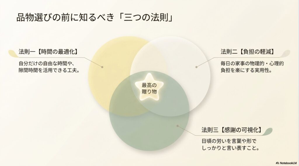 最高の贈り物の法則として、時間の最適化、負担の軽減、感謝の可視化の3つを挙げたスライド。