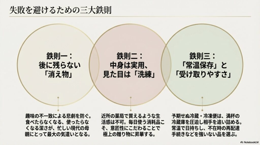 失敗を避けるための三大鉄則。後に残らない消え物、中身は実用で見た目は洗練、常温保存と受け取りやすさ