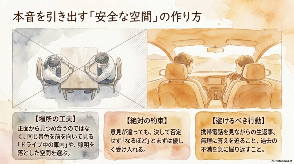 妄想・遊び心から過去・経験、そして未来・生活へと進む三段階の問いかけ