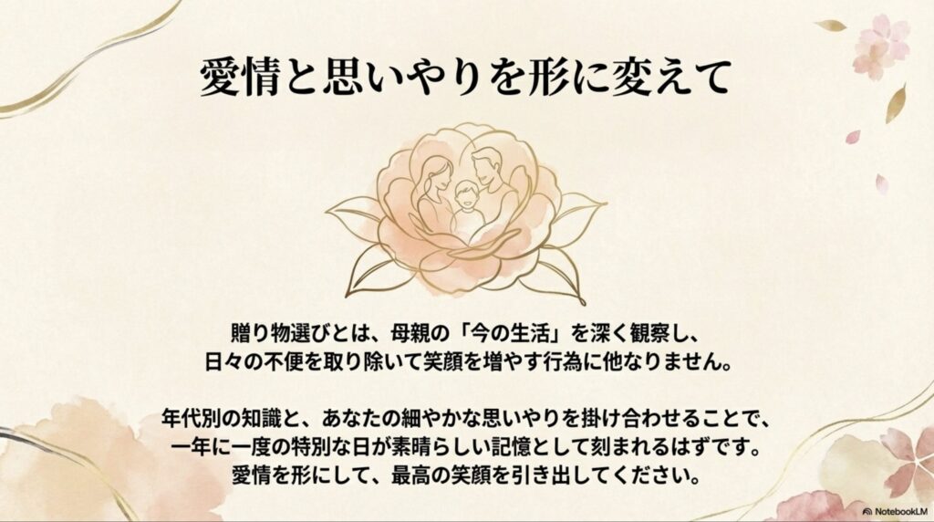 贈り物選びとは母親の今の生活を深く観察し、日々の不便を取り除いて笑顔を増やす行為であるという、記事全体の結論をまとめたスライド 。