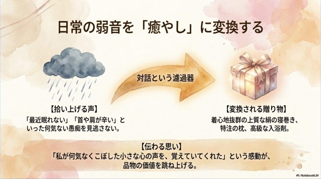 最近眠れないといった日常の弱音を拾い上げ、シルクのパジャマなどの癒やしの贈り物に変換する