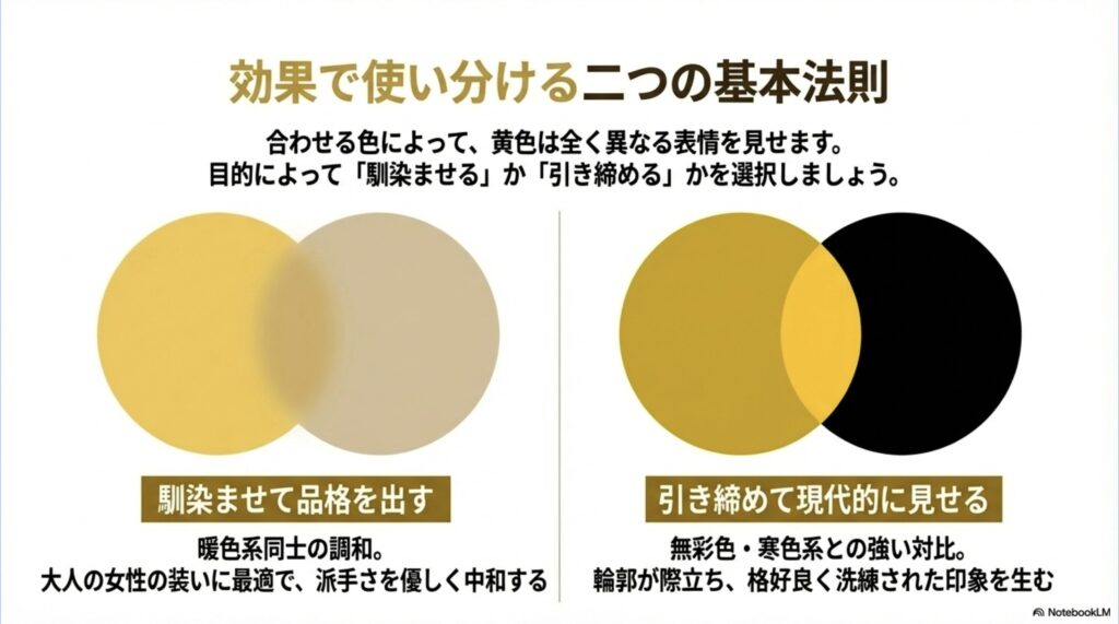 暖色系で馴染ませて品格を出す方法と、無彩色や寒色系で引き締めて現代的に見せる2つの配色の基本法則