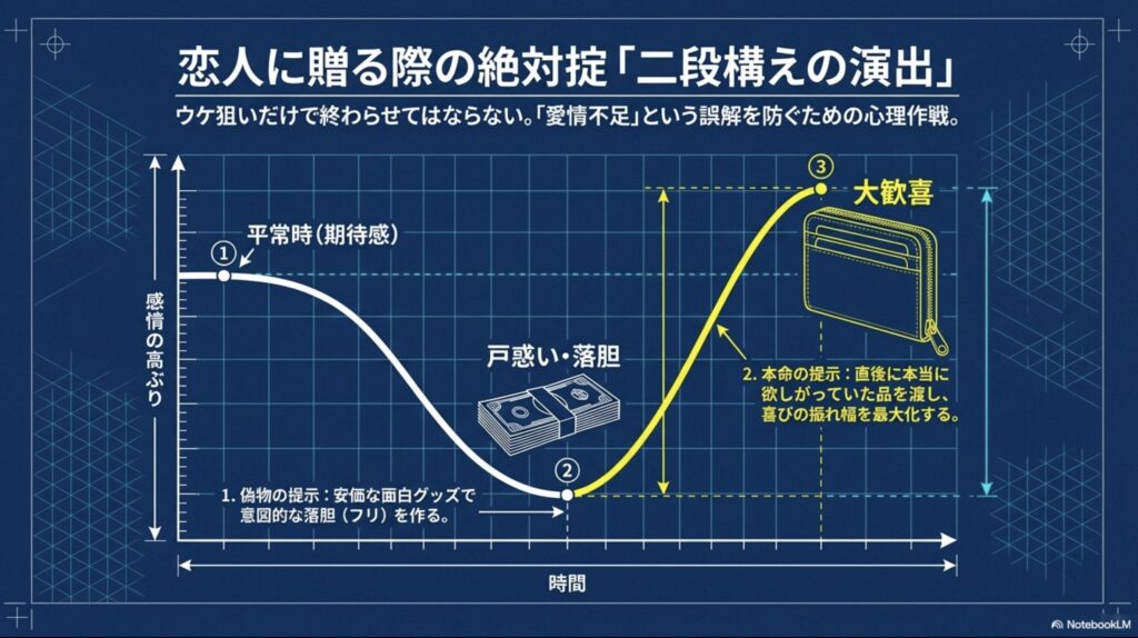 偽物の提示で戸惑いを作り、本命の提示で大歓喜を生む二段構えの感情グラフ