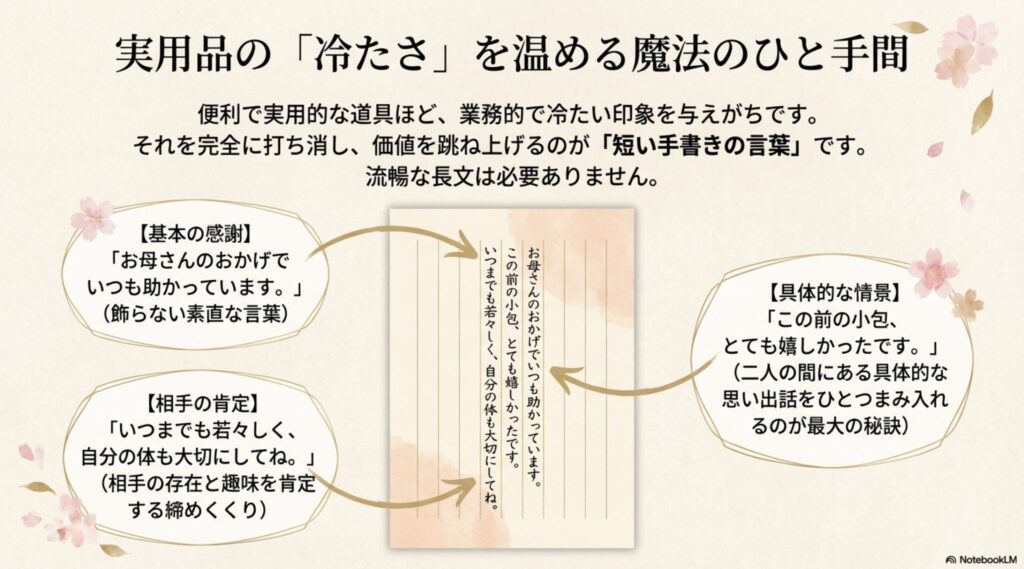 便利で実用的なプレゼントが与えがちな冷たい印象を、素直な感謝や具体的な思い出話を添えることで温かいものに変える秘訣を解説したスライド 。