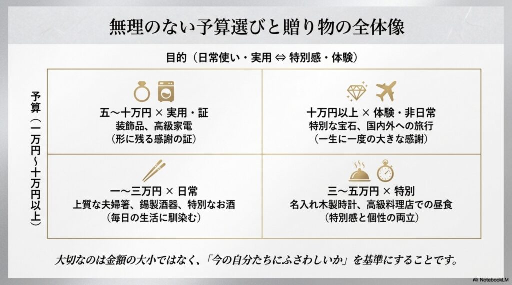 1万円から10万円以上の予算帯別に、日常使いの品から非日常の体験まで、ふさわしい贈り物を分類したマトリックス表。