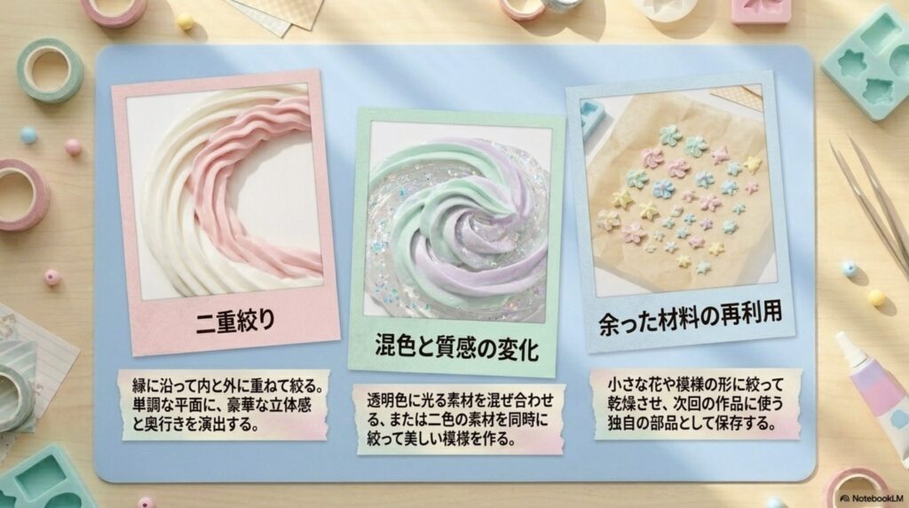 豪華な立体感を出す「二重絞り」、色や質感の変化、余った材料の再利用方法など、一歩先の作品作りのためのテクニック集 。