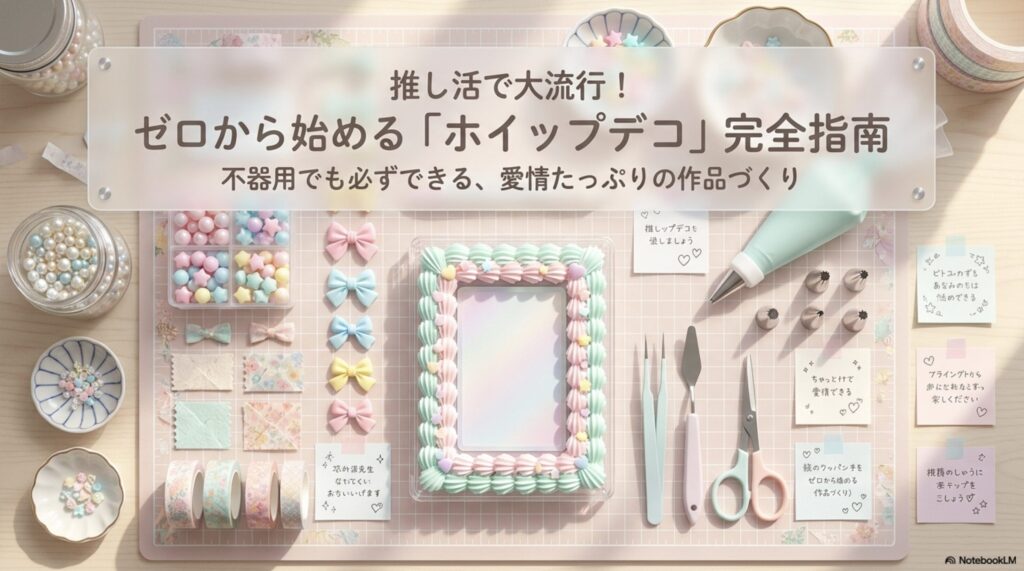 「推し活で大流行！ゼロから始めるホイップデコ完全指南」というタイトルのスライド画像。不器用でも愛情たっぷりの作品が作れることを紹介。