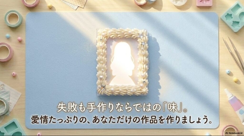 「失敗も手作りならではの味。愛情たっぷりの、あなただけの作品を作りましょう」というメッセージで締めくくる終わりのスライド 。