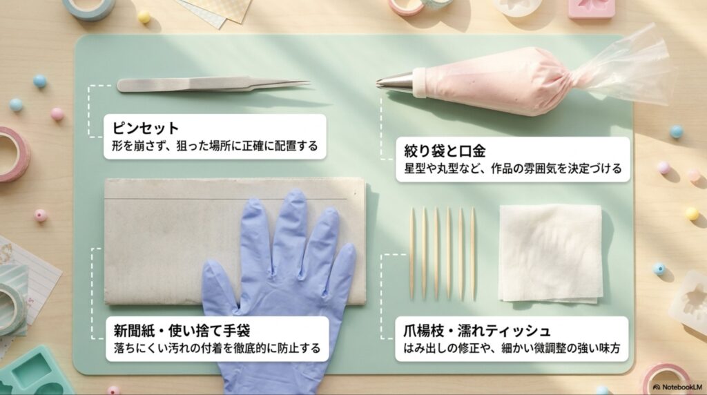 ピンセット、絞り袋と口金、新聞紙・使い捨て手袋、爪楊枝・濡れティッシュの4つの道具とその役割を解説したスライド。