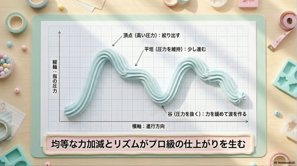ホイップを絞り出す際の圧力の強弱（高い圧力で絞り出し、引く時に圧力を弱めるなど）を解説したテクニック図解スライド。