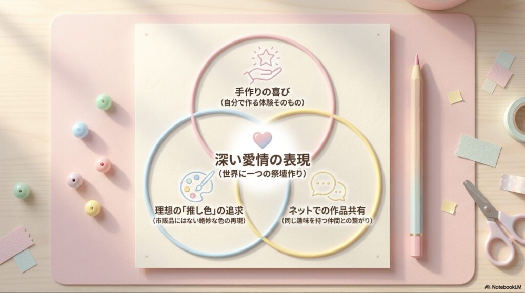 ホイップデコのメリットとして、手作りの喜び、深い愛情表現、理想の推し色の追求、ネットでの作品共有の4点を挙げた解説スライド。