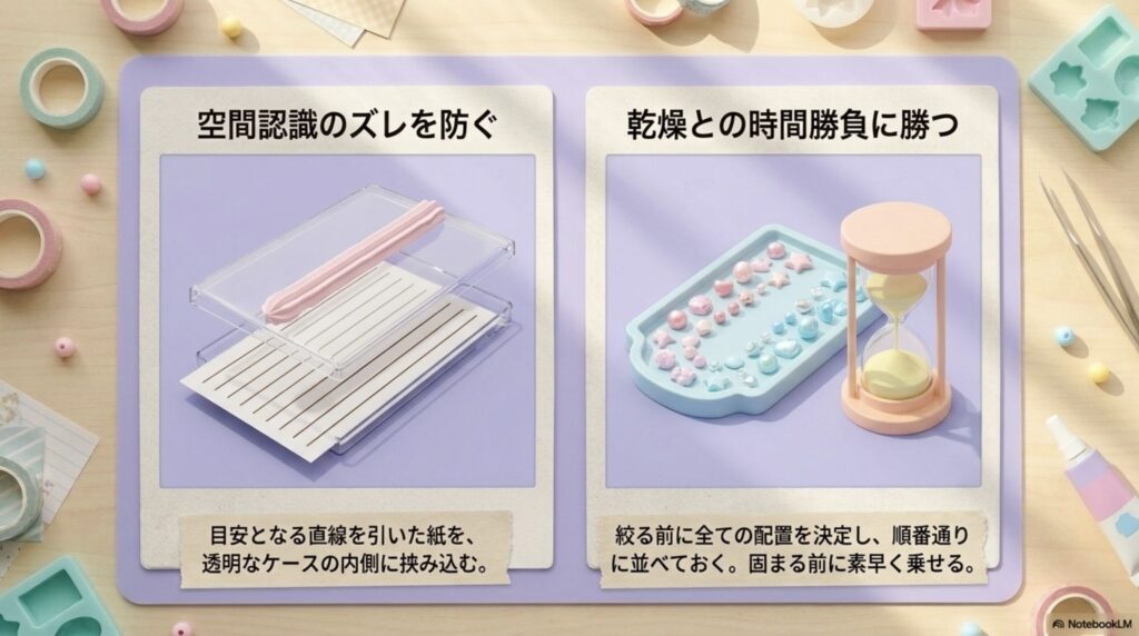 空間認識のズレを防ぐための紙の活用法や、乾燥との勝負に勝つためのパーツ配置の段取りを解説したスライド 。