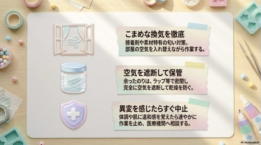 こまめな換気、材料の密閉保管、体調不良時の対応など、安全にハンドメイドを楽しむための重要事項をまとめたスライド 。