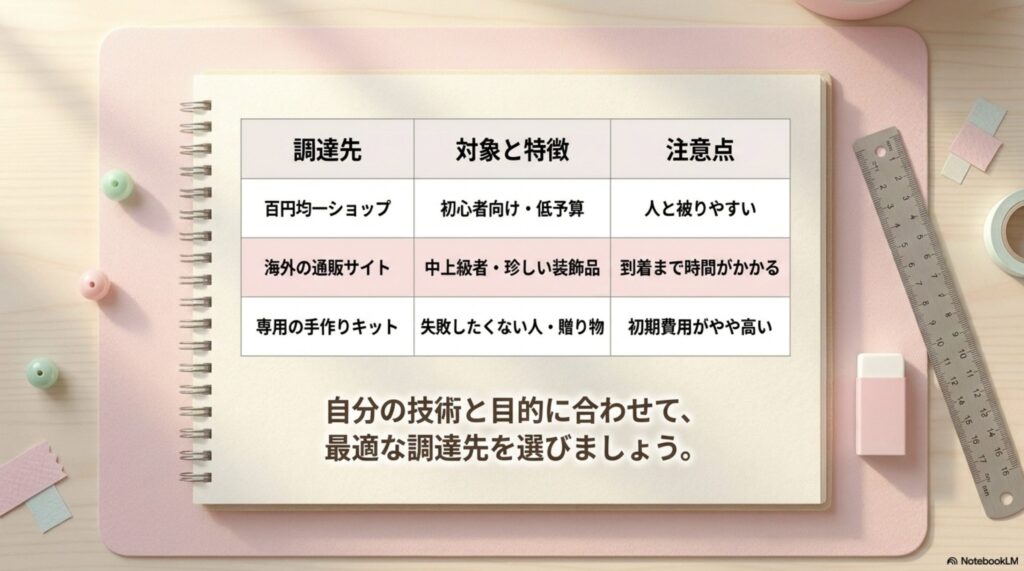 100均、海外通販、専用キットそれぞれの対象者・特徴・注意点をまとめた比較表スライド。初心者には100均、こだわり派には通販やキットを推奨。