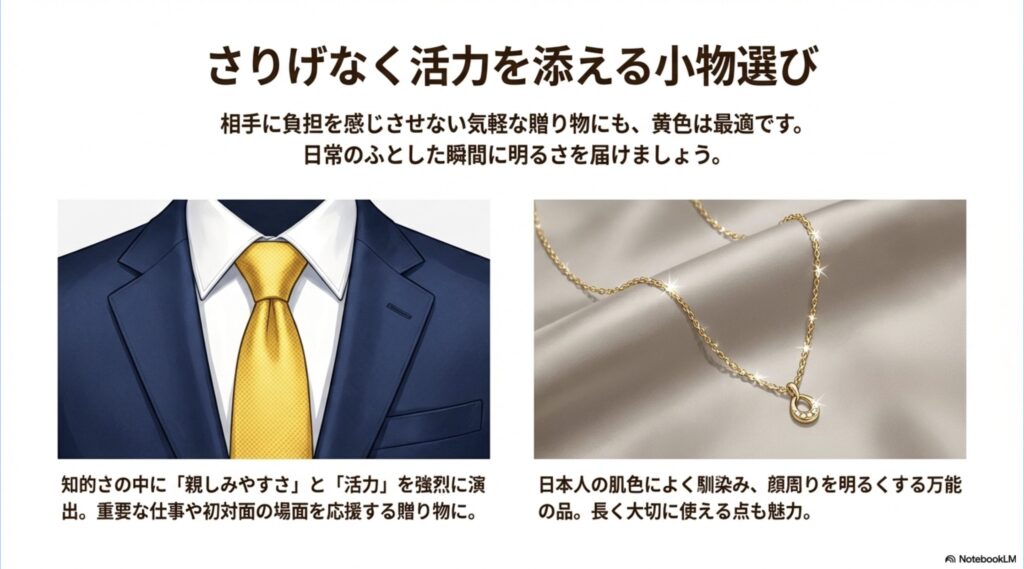 ビジネスシーンで親しみやすさを演出する黄色のネクタイや、顔周りを明るくするイエローゴールドのアクセサリー