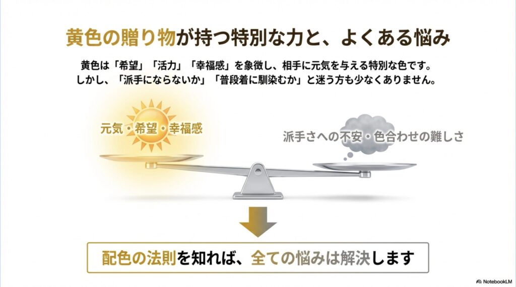 黄色が持つ元気・希望・幸福感といった特別な力と、派手さへの不安や色合わせの難しさといったよくある悩み
