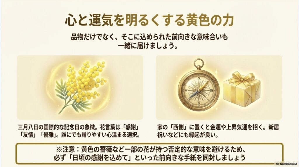 感謝や友情を示すミモザの花や、西側に置いて金運を招く風水効果、ネガティブな意味を避けるメッセージカードの添え方