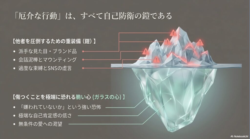 派手な見た目やマウンティングなどの厄介な行動は他者を圧倒する重装備（鎧）であり、その内側には傷つくことを恐れる脆い心（ガラスの心）があることを示す図解