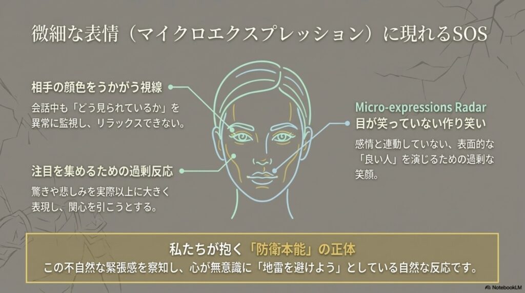 相手の顔色をうかがう視線など、承認欲求の強い女性が会話中に見せる微細な表情（マイクロエクスプレッション）とSOSサイン