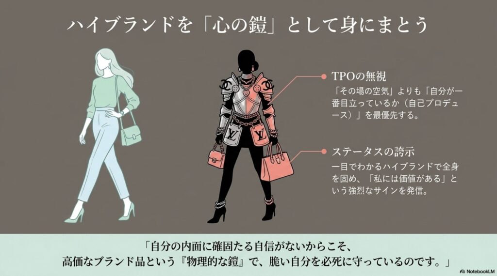 TPOを無視した派手なファッションやハイブランドで全身を固める行動は、確固たる自信のなさからくる物理的な心の鎧であることを示すイラスト