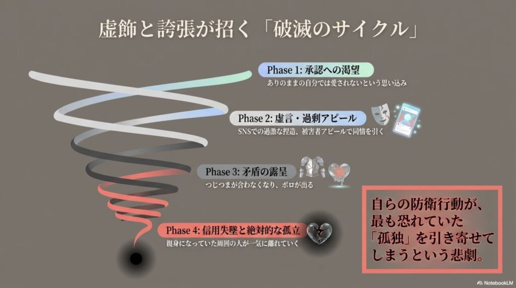 承認への渇望から始まり、虚言や過剰アピール、矛盾の露呈を経て、最終的に信用失墜と絶対的な孤立へと至る4つの破滅サイクル