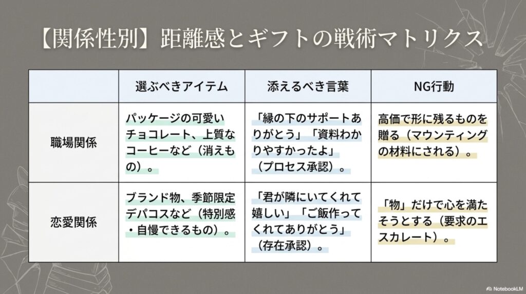 職場関係と恋愛関係それぞれにおいて、選ぶべきギフトアイテム、添えるべき言葉、NG行動をまとめた戦術マトリクス表
