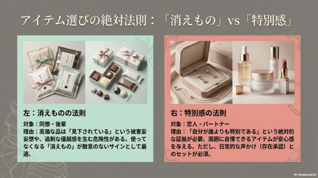 職場関係では消えものを、恋愛関係では特別感を重視するという、相手との関係性に合わせたギフトアイテム選びの絶対法則