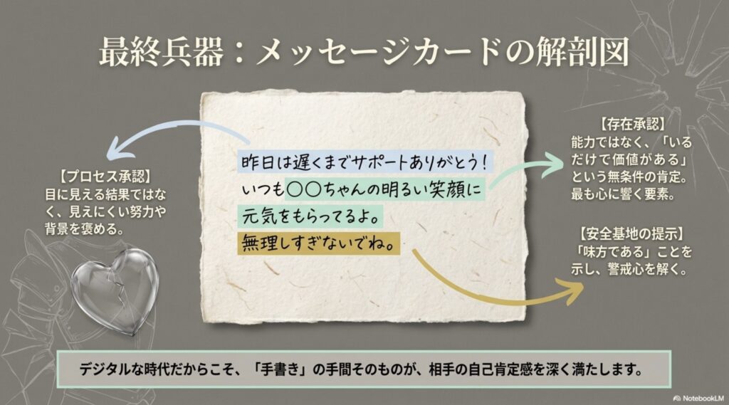 相手の心に響くメッセージカードを書くための、プロセス承認、存在承認、安全基地の提示という3つの要素を解説した解剖図