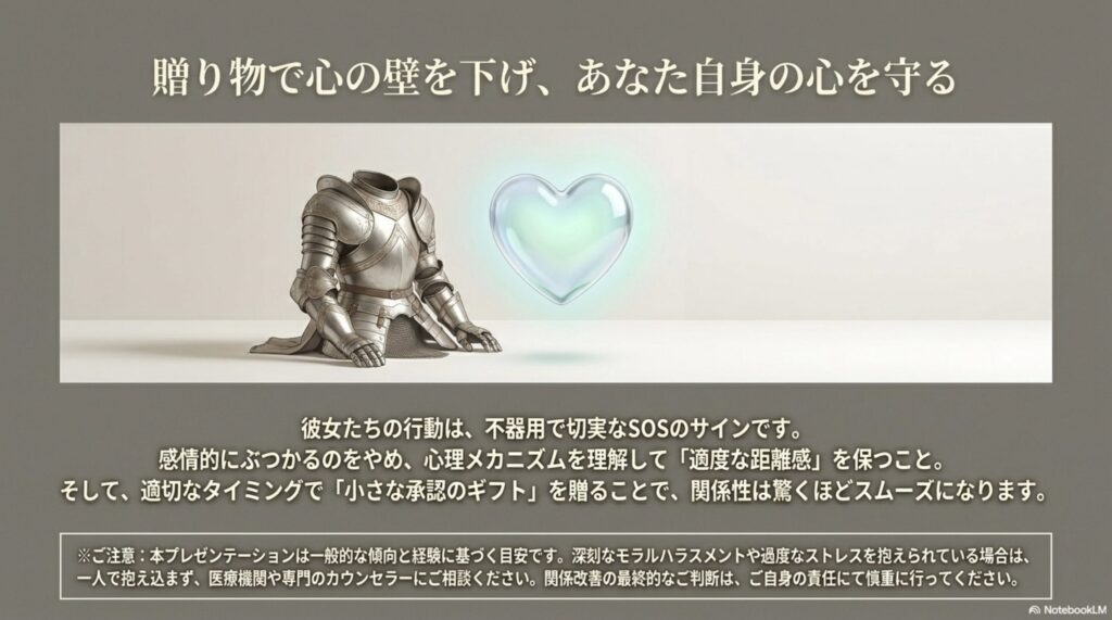 相手の心理メカニズムを理解し、適切なタイミングで小さな承認のギフトを贈ることで、感情的な衝突を避けて人間関係のノイズを減らせるという全体のまとめ