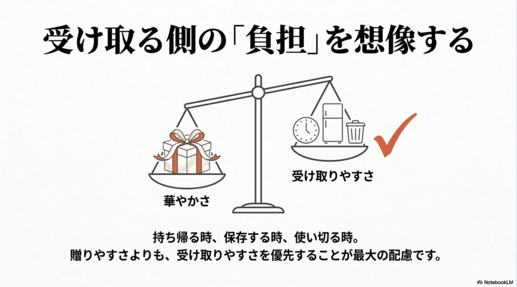 華やかさよりも受け取りやすさを優先することが最大の配慮であることを示す天秤のイラスト。