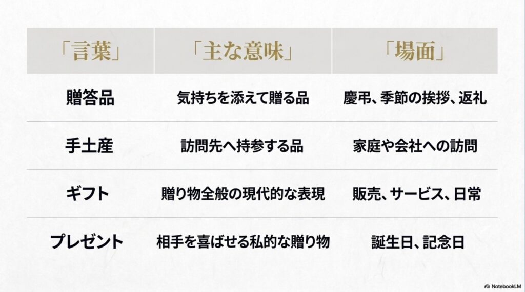 贈答品、手土産、ギフト、プレゼントのそれぞれの意味と主な場面を比較した表。
