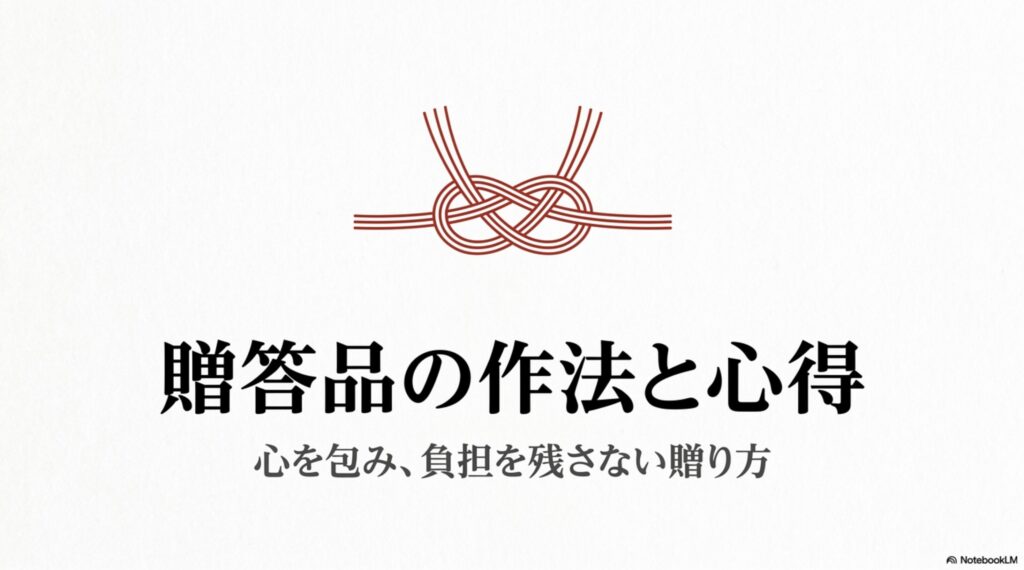 水引のイラストと「贈答品の作法と心得 心を包み、負担を残さない贈り方」という表紙タイトル。