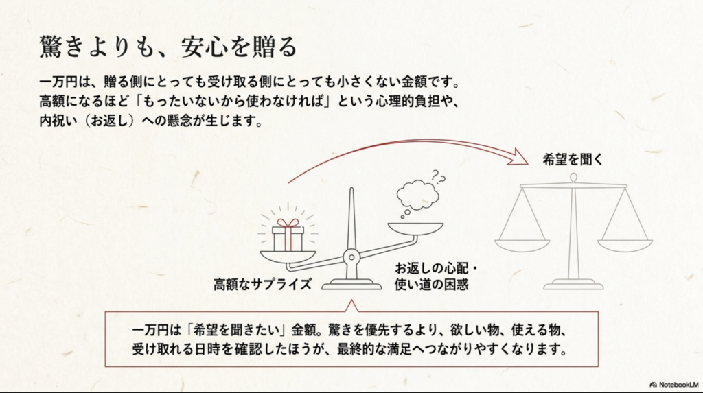 一万円の贈り物では高額なサプライズより相手の希望や受取日を確認することが大切だと示す図