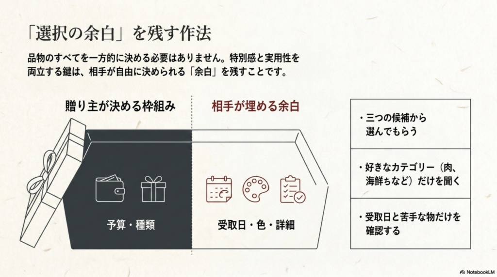 贈り主が予算や種類を決めつつ、受取日や色、詳細などを相手が選べる余白を残す一万円ギフトの考え方