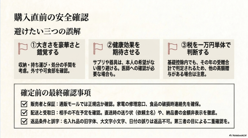 一万円前後のギフトで避けたい大きさ・健康効果・税の誤解と、販売者、配送、返品条件を確認するチェックリスト