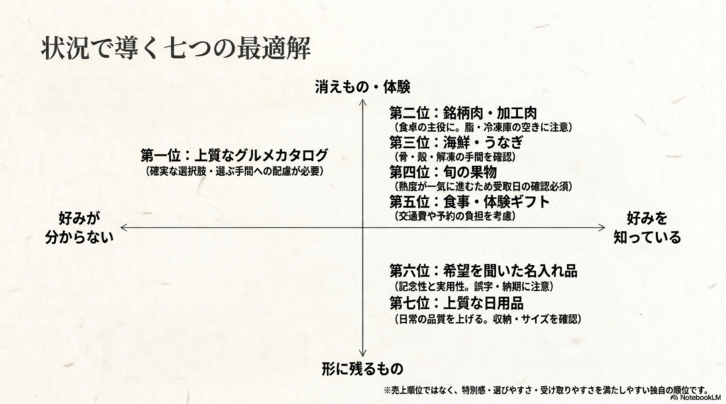 一万円の贈答品7種類を相手の好みの把握度と消えもの・形に残るものの違いから整理した比較図
