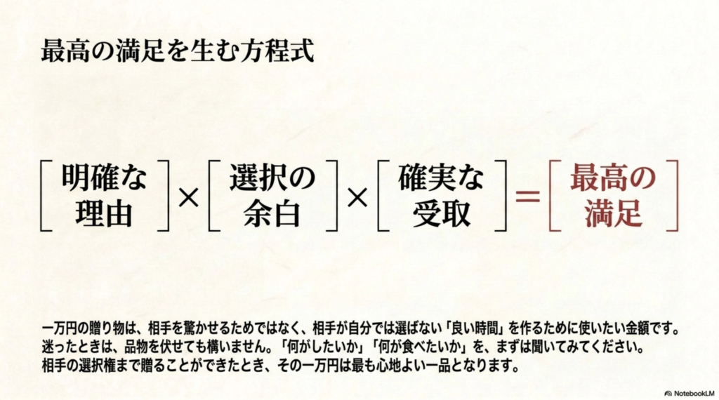 明確な理由、選択の余白、確実な受取の3要素を掛け合わせることで一万円ギフトの満足度を高める考え方