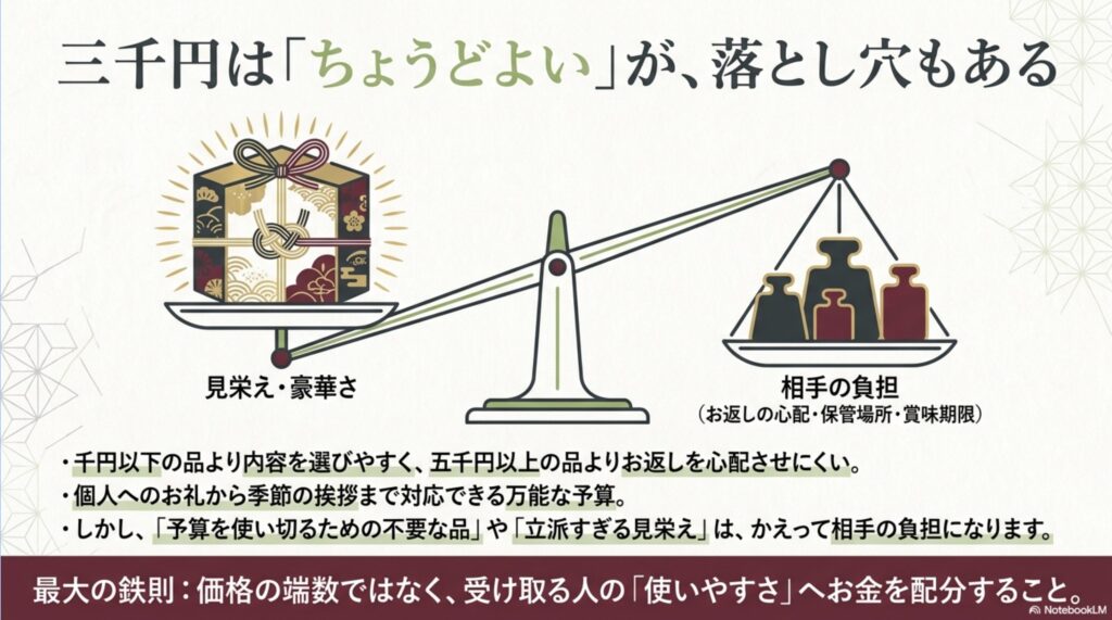 三千円の贈り物では豪華な見栄えと、お返しや保管など相手の負担のバランスが重要であることを示す図