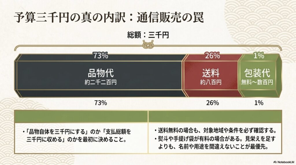 支払総額三千円を商品代約二千二百円、送料約八百円、包装代に配分する通販ギフトの予算例