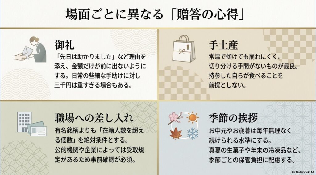 お礼、手土産、職場への差し入れ、季節の挨拶ごとに異なる三千円ギフトの選び方をまとめた図